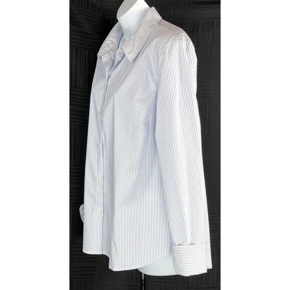 H&M boyfriend button up top blouse wht/blue stripe long sleeve mock French cuff - Picture 2 of 5